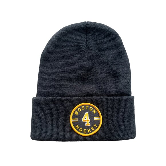 Beechfield Boston Hockey 4 Beanie Hat Unisex OS Circle Patch Acrylic Black Knit - Picture 1 of 6